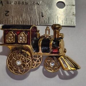 Vintage Train Brooch with Red and Gold Accents